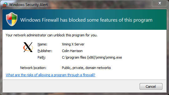 Hlášení Windows Firewall o blokování některých funkcí programu Xming