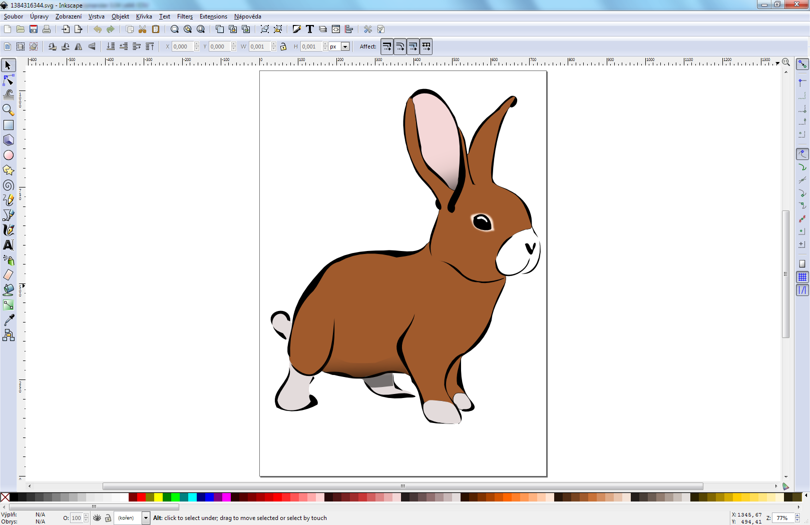 Editor obrázků Inkscape – pohled na hlavní okno pro úpravu obrázku s otevřeným SVG obrázkem hnědého králíka